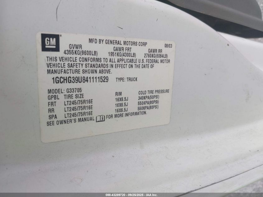 2004 Chevrolet Express VIN: 1GCHG39U841111529 Lot: 43289720