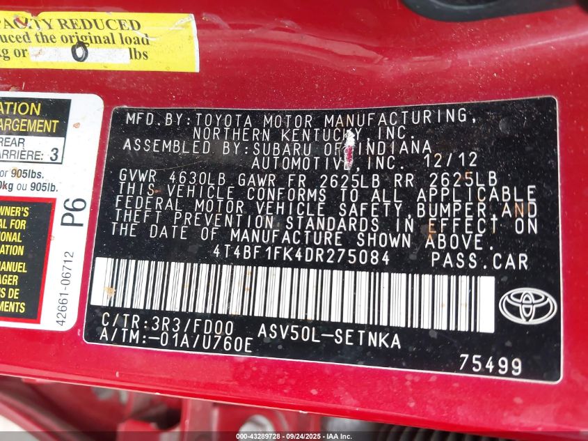 2013 Toyota Camry Le VIN: 4T4BF1FK4DR275084 Lot: 43289728