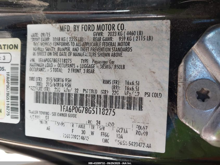 2016 Ford Fusion S VIN: 1FA6P0G78G5118275 Lot: 43289732