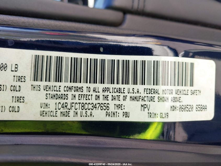 2012 Jeep Grand Cherokee Overland VIN: 1C4RJFCT8CC347656 Lot: 43289740