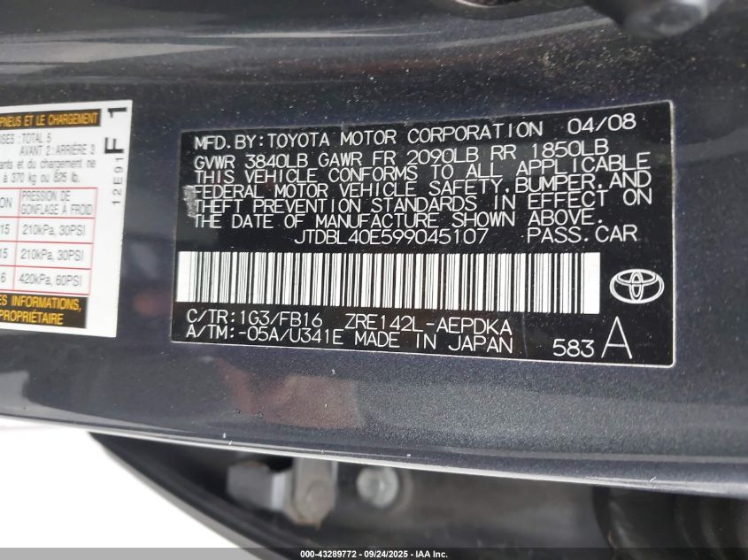 2009 Toyota Corolla Le VIN: JTDBL40E599045107 Lot: 43289772