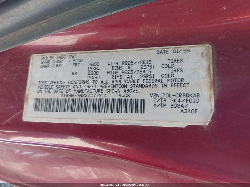 4TAWN72N3XZ477214 1999 TOYOTA TACOMA photo no. 9