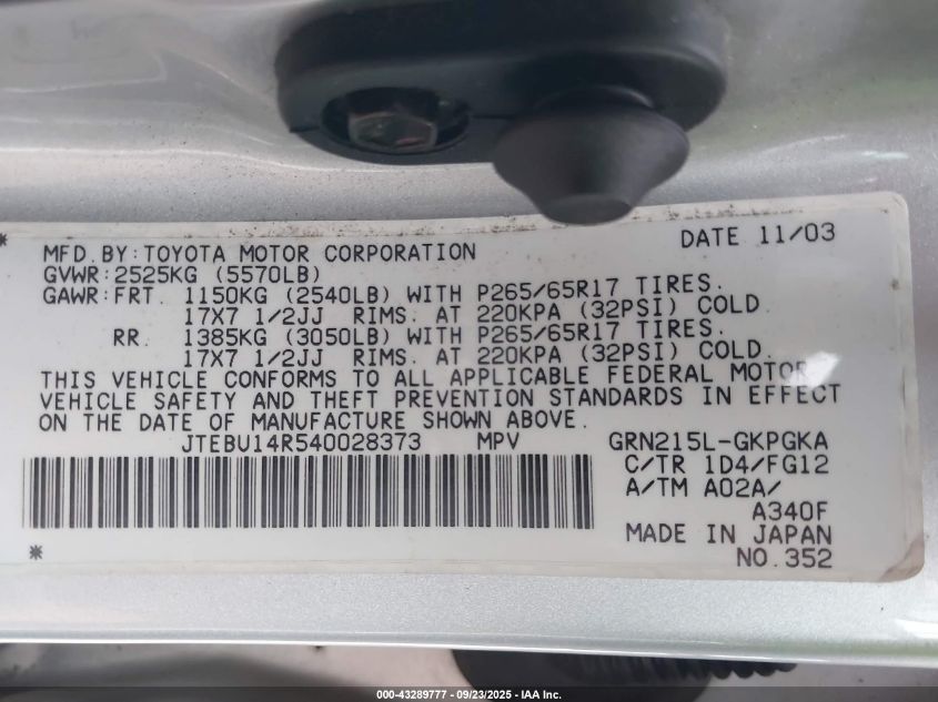 2004 Toyota 4Runner Sr5 V6 VIN: JTEBU14R540028373 Lot: 43289777