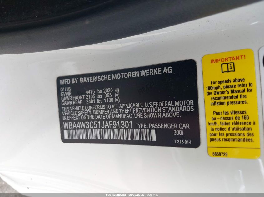 2018 BMW 430I VIN: WBA4W3C51JAF91301 Lot: 43289783