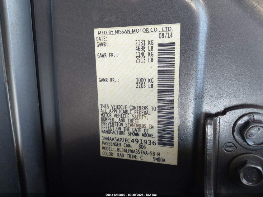 2014 Nissan Maxima 3.5 Sv VIN: 1N4AA5AP2EC491936 Lot: 43289800