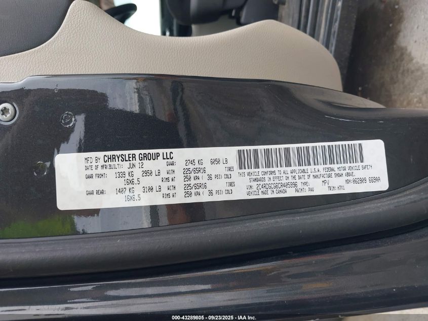 2012 Dodge Grand Caravan Sxt VIN: 2C4RDGCG6CR405996 Lot: 43289805