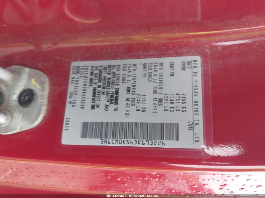 2013 Nissan Nv200 Sv VIN: 3N6CM0KN6DK693226 Lot: 43289878