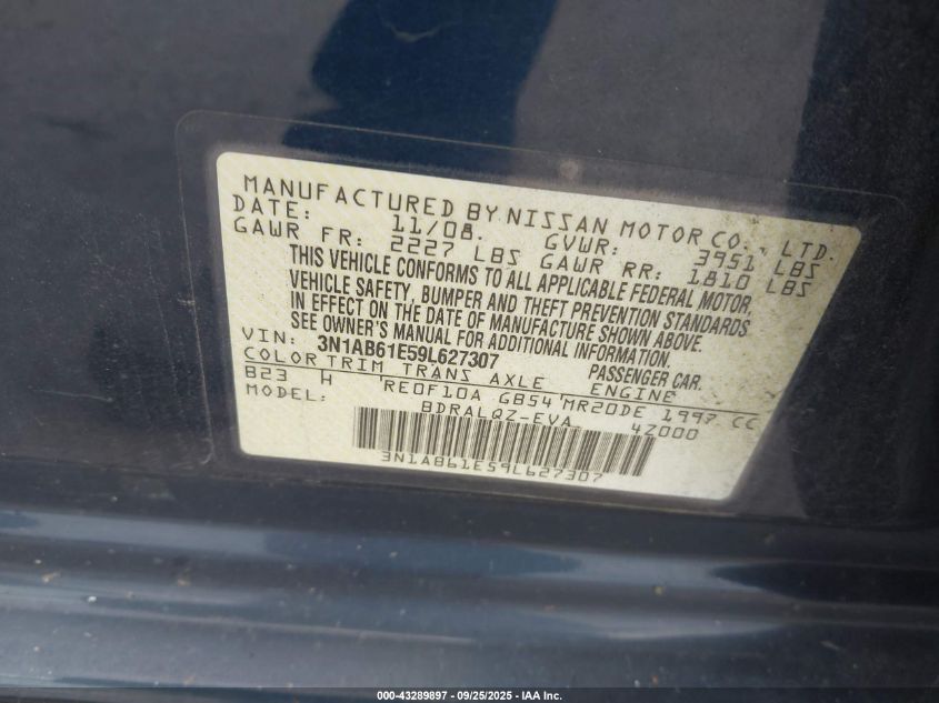 2009 Nissan Sentra 2.0 VIN: 3N1AB61E59L627307 Lot: 43289897