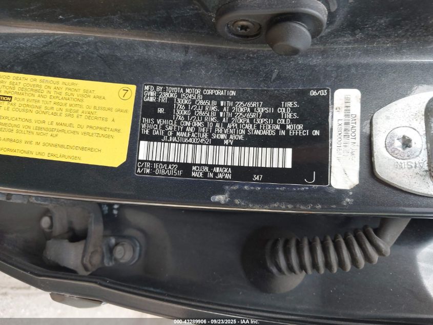 2004 Lexus Rx 330 VIN: JTJHA31U640024521 Lot: 43289906