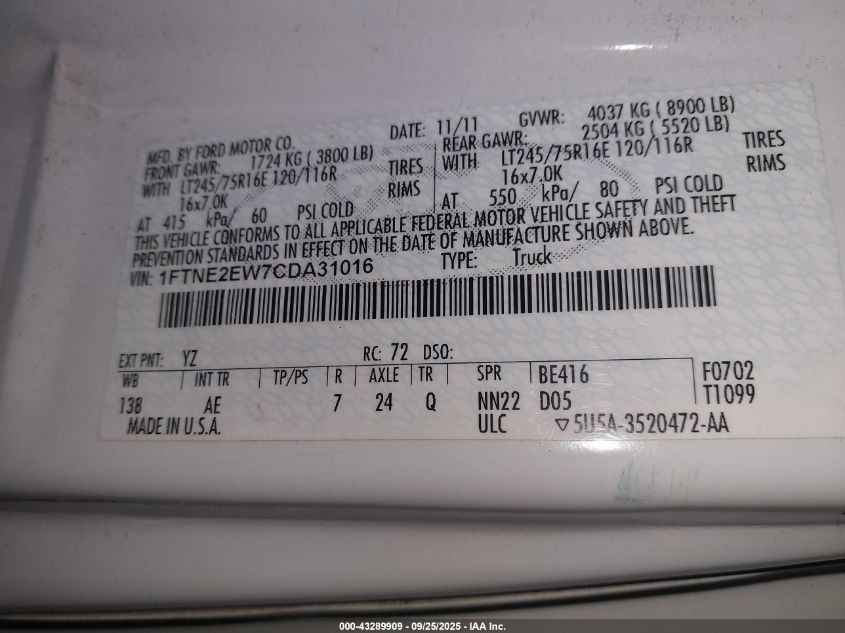 2012 Ford E-250 Commercial VIN: 1FTNE2EW7CDA31016 Lot: 43289909