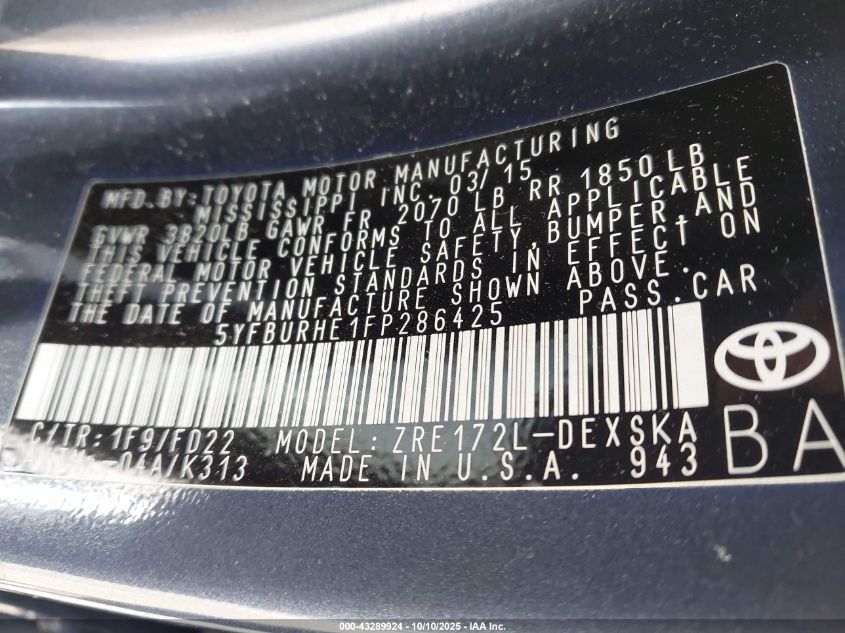 2015 Toyota Corolla S Plus VIN: 5YFBURHE1FP286425 Lot: 43289924