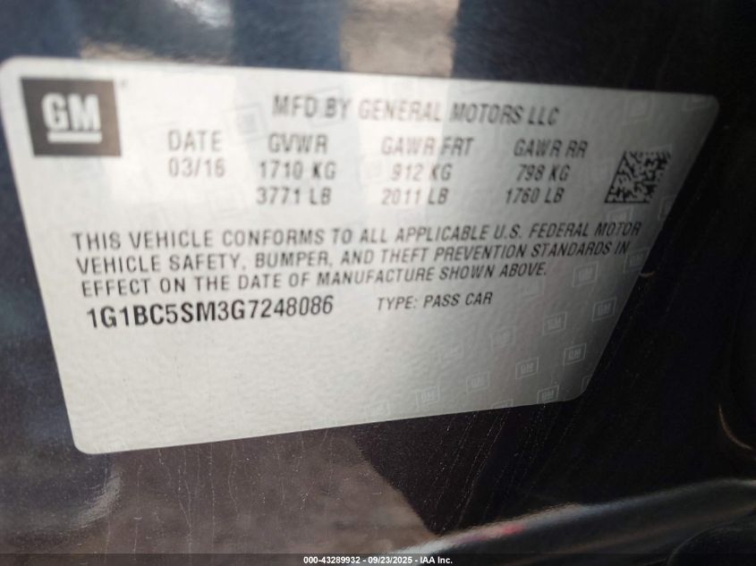 2016 Chevrolet Cruze Ls Auto VIN: 1G1BC5SM3G7248086 Lot: 43289932