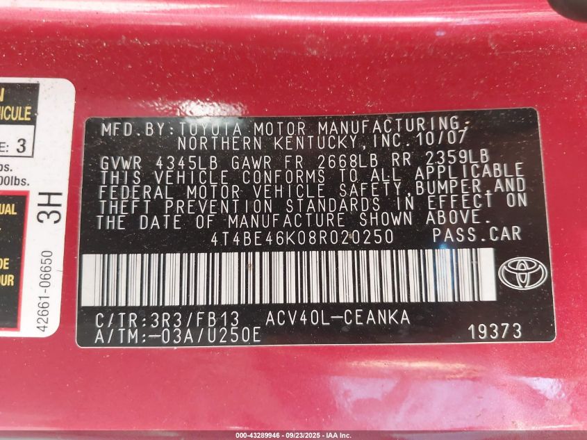 2008 Toyota Camry Le VIN: 4T4BE46K08R020250 Lot: 43289946
