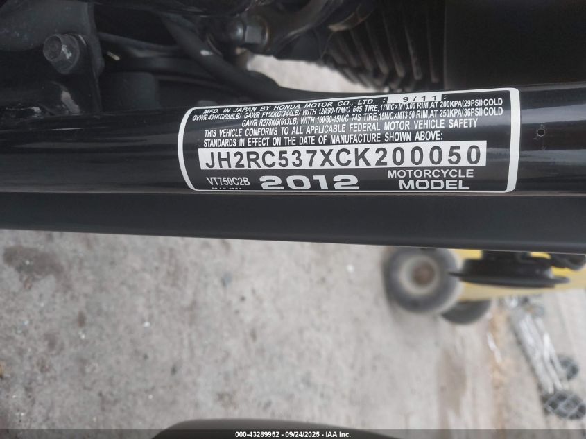 2012 Honda Vt750 C2B VIN: JH2RC537XCK200050 Lot: 43289952