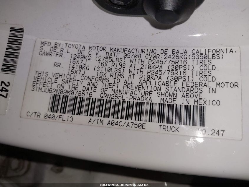 2009 Toyota Tacoma Prerunner V6 VIN: 3TMJU62N09M078616 Lot: 43289955