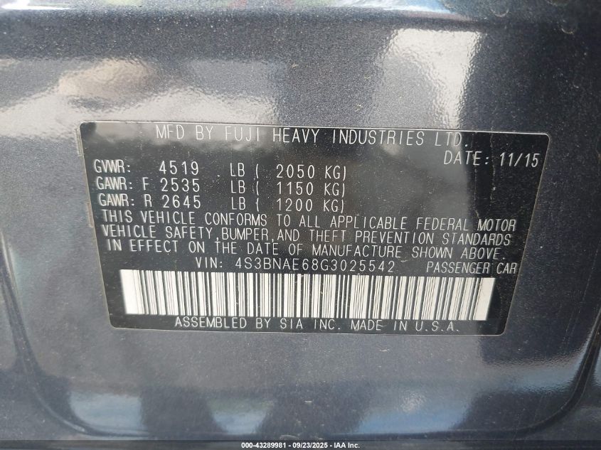 2016 Subaru Legacy 2.5I Premium VIN: 4S3BNAE68G3025542 Lot: 43289981