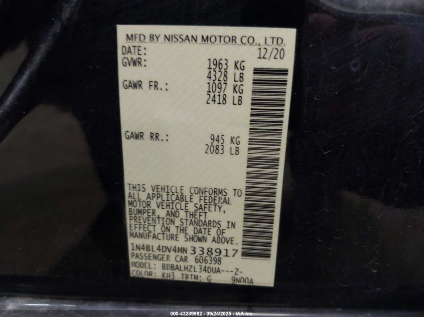 2021 Nissan Altima Sv Fwd VIN: 1N4BL4DV4MN338917 Lot: 43289982