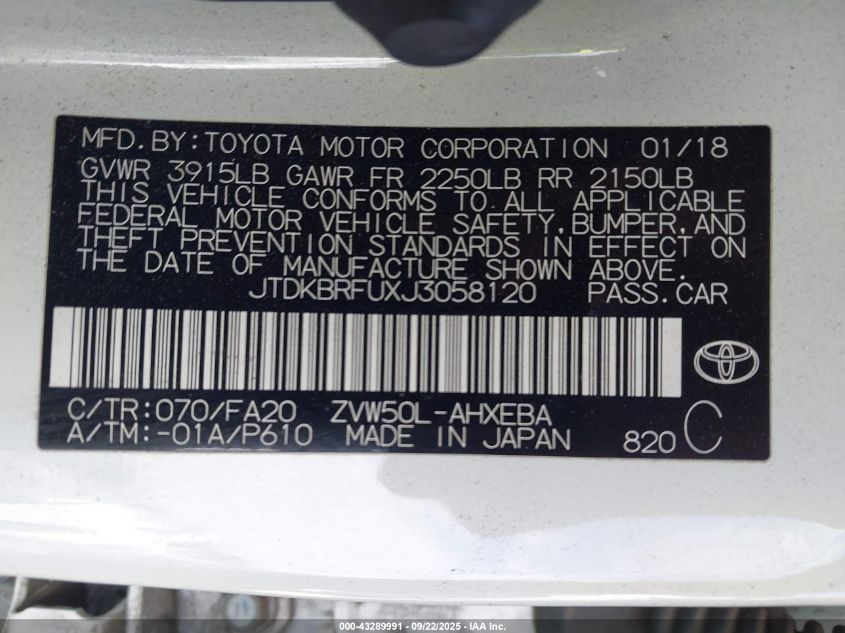 2018 Toyota Prius Two VIN: JTDKBRFUXJ3058120 Lot: 43289991