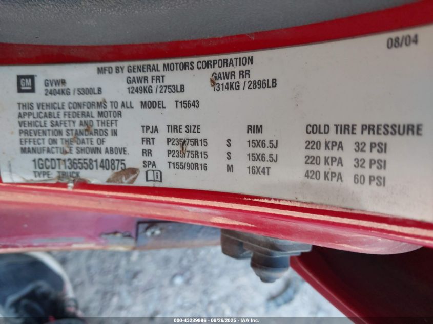 2005 Chevrolet Colorado Ls VIN: 1GCDT136558140875 Lot: 43289996