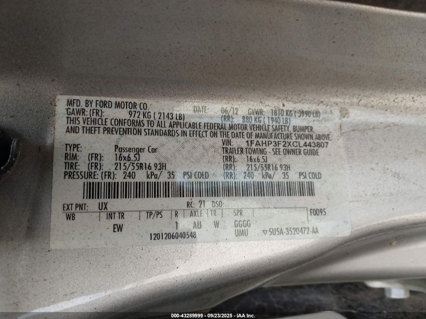 2012 Ford Focus Se VIN: 1FAHP3F2XCL443807 Lot: 43289999