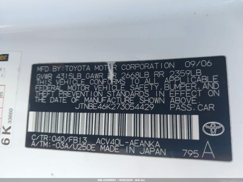 2007 Toyota Camry Le VIN: JTNBE46K273054429 Lot: 43290003