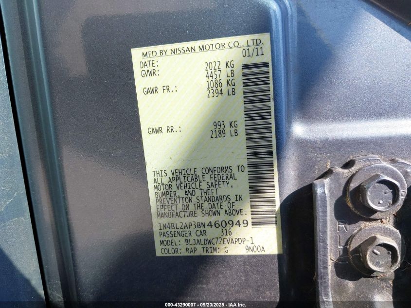 2011 Nissan Altima 3.5 Sr VIN: 1N4BL2AP3BN460949 Lot: 43290007