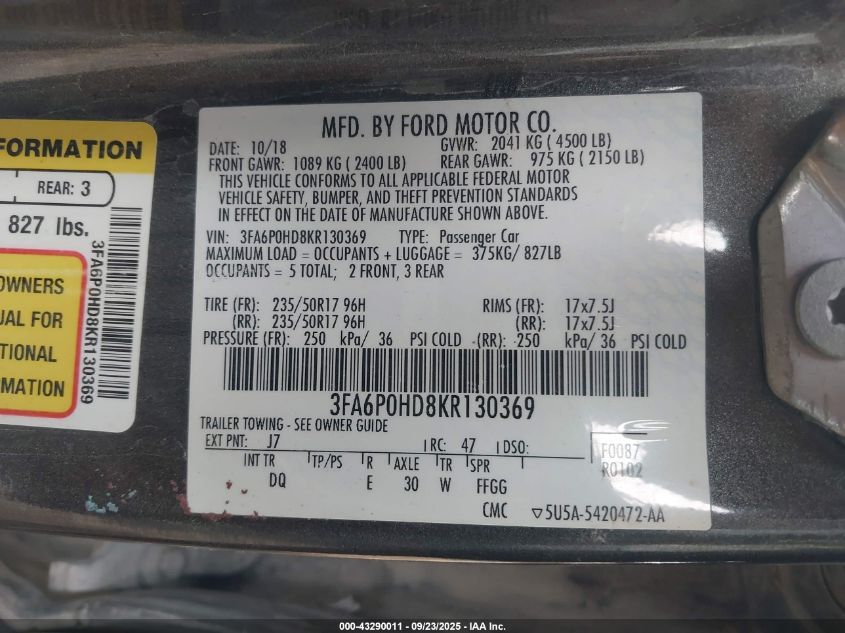 2019 Ford Fusion Se VIN: 3FA6P0HD8KR130369 Lot: 43290011