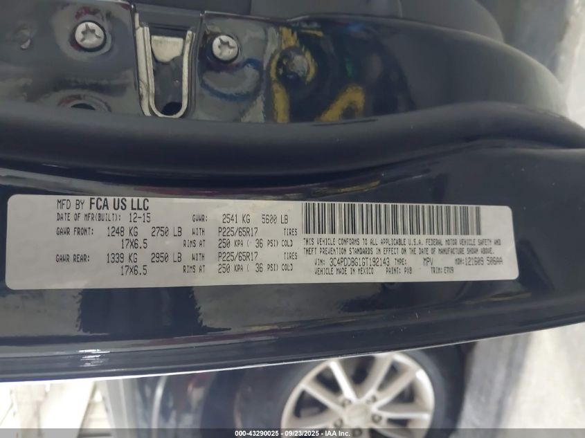 2016 Dodge Journey Sxt VIN: 3C4PDDBG1GT192143 Lot: 43290025