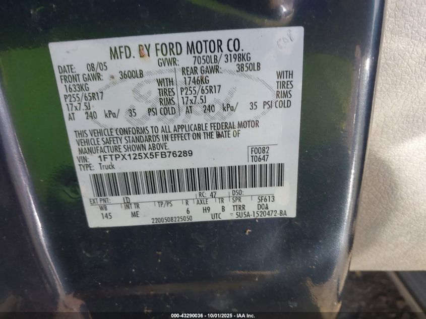 2005 Ford F-150 Lariat/Xl/Xlt VIN: 1FTPX125X5FB76289 Lot: 43290036