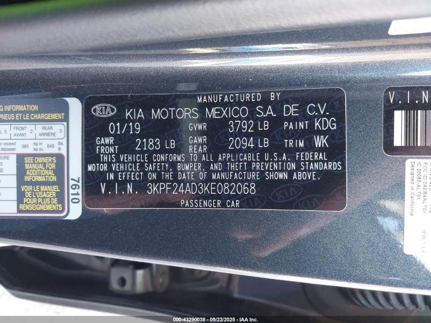 2019 Kia Forte Lxs VIN: 3KPF24AD3KE082068 Lot: 43290038