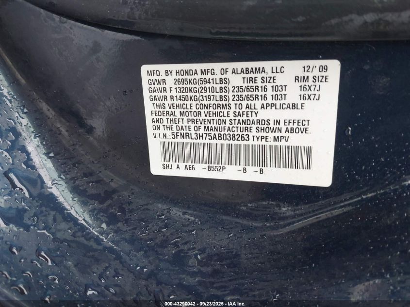 2010 Honda Odyssey Ex-L VIN: 5FNRL3H75AB038263 Lot: 43290042