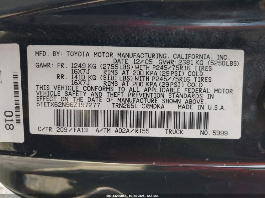 2006 Toyota Tacoma Prerunner VIN: 5TETX62N96Z197277 Lot: 43290057