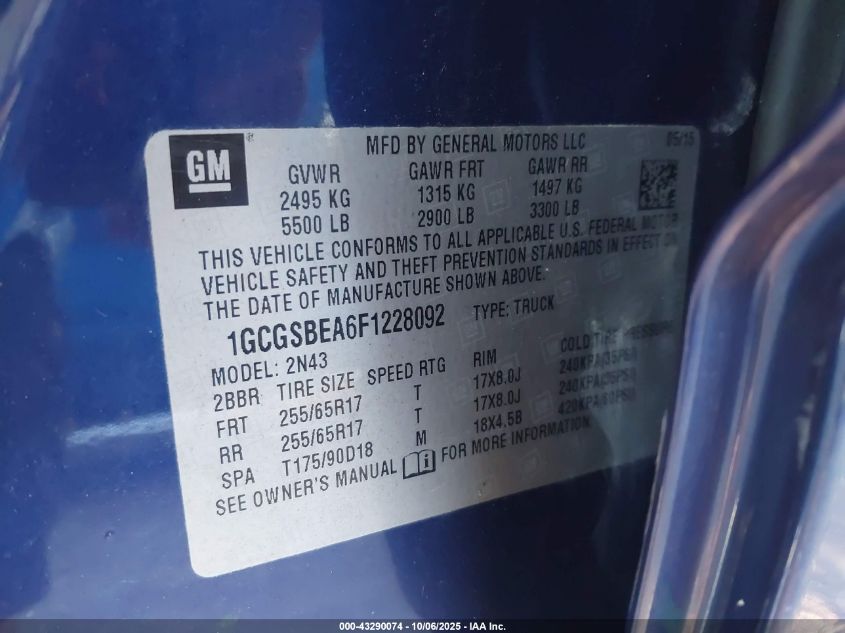 2015 Chevrolet Colorado Lt VIN: 1GCGSBEA6F1228092 Lot: 43290074