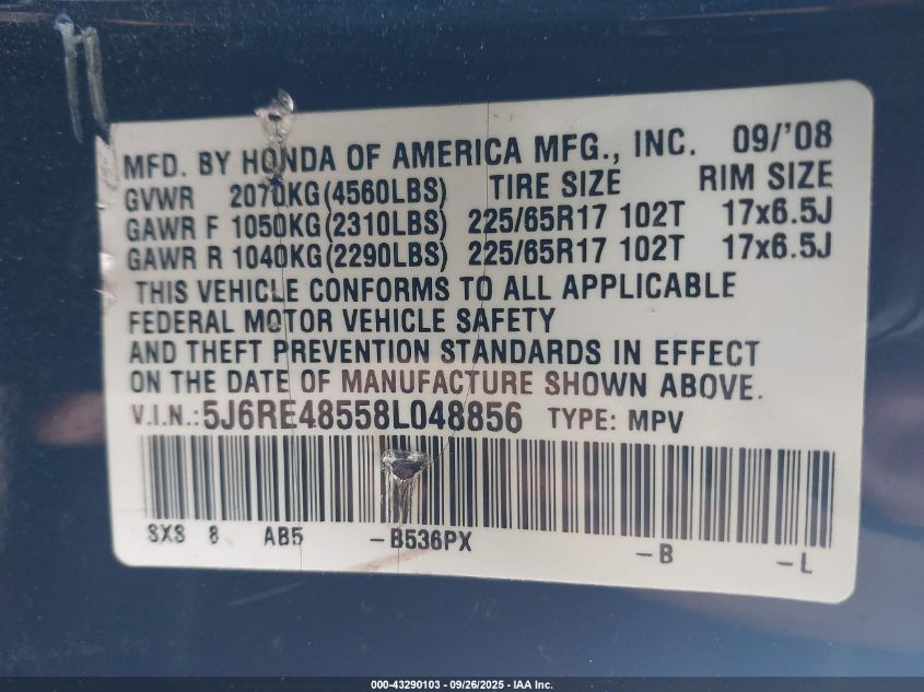 2008 Honda Cr-V Ex VIN: 5J6RE48558L048856 Lot: 43290103