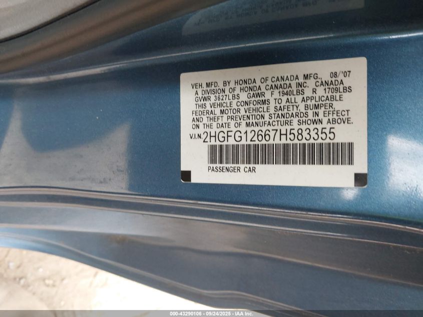 2007 Honda Civic Lx VIN: 2HGFG12667H583355 Lot: 43290106