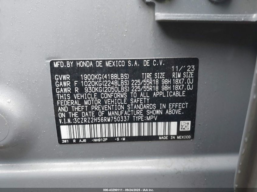2024 Honda Hr-V Awd Sport/Awd Sport W/O Bsi VIN: 3CZRZ2H56RM750337 Lot: 43290111