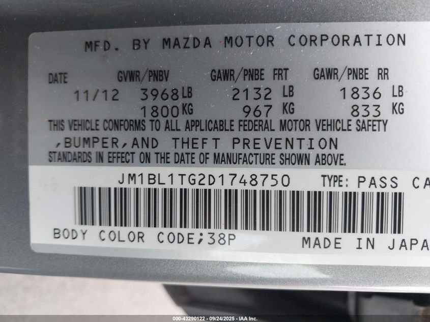 2013 Mazda Mazda3 I Sv VIN: JM1BL1TG2D1748750 Lot: 43290122