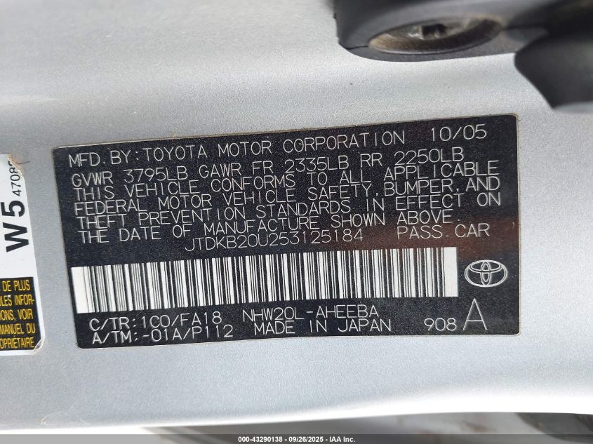 2005 Toyota Prius VIN: JTDKB20U253125184 Lot: 43290138