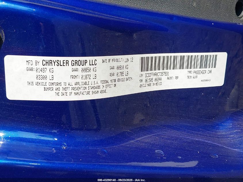 2012 Fiat 500 Pop VIN: 3C3CFFAR0CT357931 Lot: 43290148