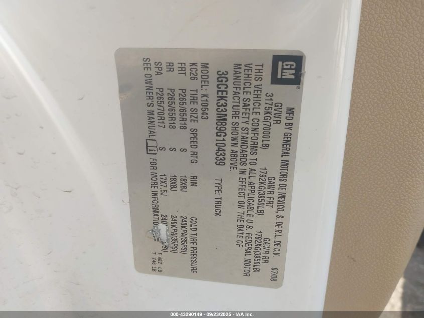 2009 Chevrolet Silverado 1500 Ltz VIN: 3GCEK33M89G104339 Lot: 43290149