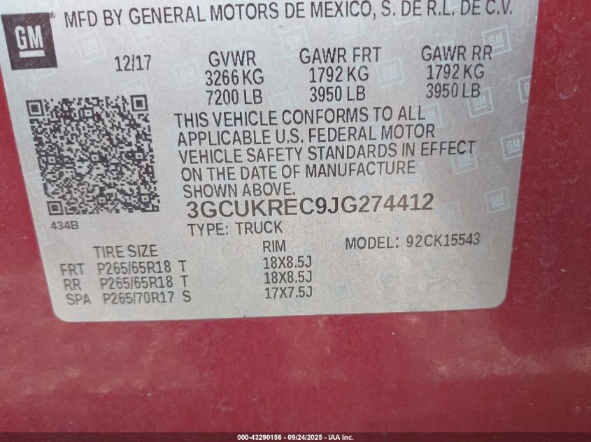 2018 Chevrolet Silverado 1500 2Lt VIN: 3GCUKREC9JG274412 Lot: 43290156