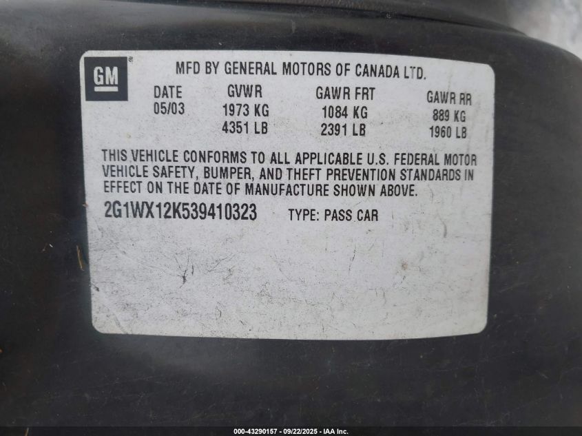 2003 Chevrolet Monte Carlo Ss VIN: 2G1WX12K539410323 Lot: 43290157