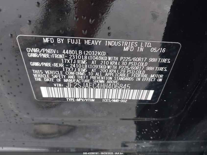 2017 SUBARU FORESTER 2.5I PREMIUM - JF2SJAEC4HH406845