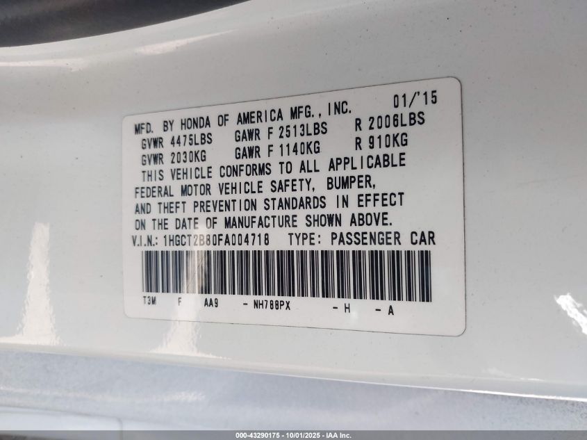 2015 Honda Accord Ex-L V-6 VIN: 1HGCT2B80FA004718 Lot: 43290175