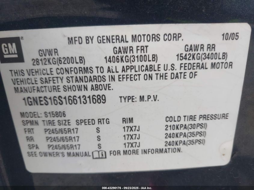 2006 Chevrolet Trailblazer Ext Lt VIN: 1GNES16S166131689 Lot: 43290176