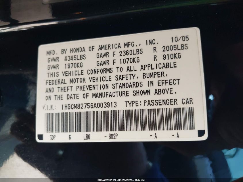 2006 Honda Accord 3.0 Ex VIN: 1HGCM82756A003913 Lot: 43290179