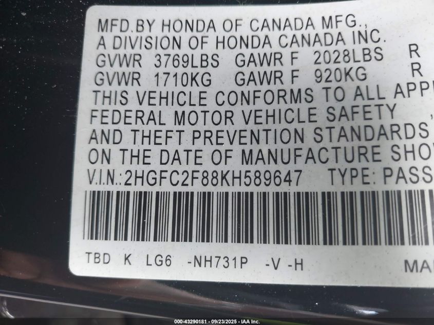 2019 Honda Civic Sport VIN: 2HGFC2F88KH589647 Lot: 43290181