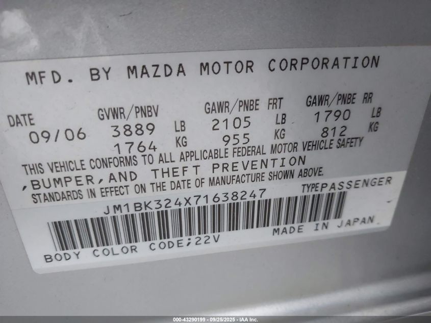 2007 Mazda Mazda3 S Grand Touring VIN: JM1BK324X71638247 Lot: 43290199