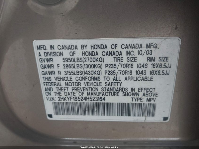 2004 Honda Pilot Ex-L VIN: 2HKYF18524H523164 Lot: 43290208