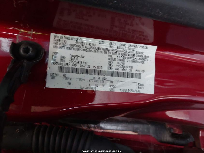2015 Ford Focus Se VIN: 1FADP3K22FL368870 Lot: 43290213